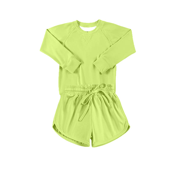 pre order  Light Blue Long Sleeve Yoga Top Shorts Set for Kids Girls - Comfortable Breathable Children's Active Wear