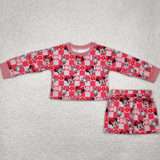 6.13  GLS0010RTS NO MOQ Baby Girls Yoga Outfits Girls Pink Duck Mouse Flower Print Long Sleeve Shorts Set