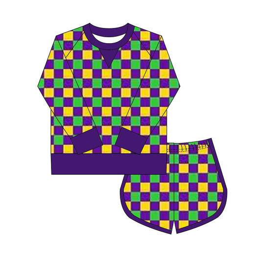 9.30 GLS0016 Pre order No Moq Yoga fabric Baby Girls Mardigras Checked Shirts Shorts Yoga Clothes Sets