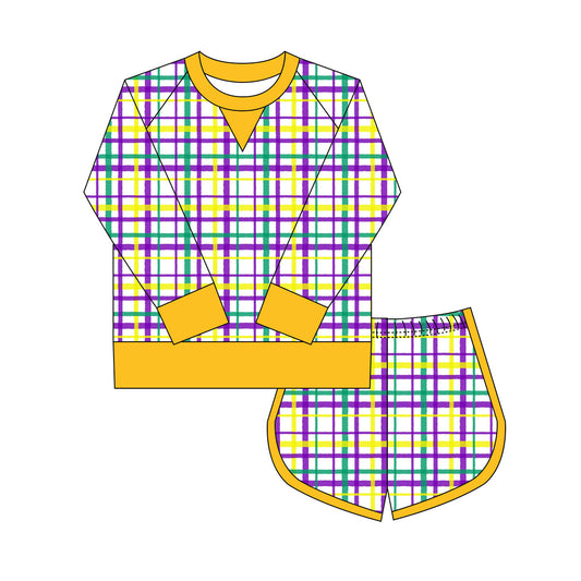 9.30 GLS0017 Pre order No Moq Yoga fabric Baby Girls Mardigras Checked Shirts Shorts Yoga Clothes Sets