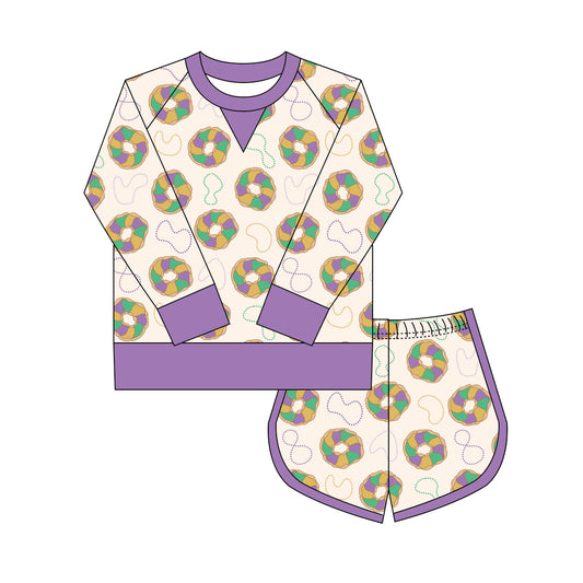 9.30 GLS0018 Pre order No Moq Yoga fabric Baby Girls Mardigras Donuts Plaid Shirts Shorts Yoga Clothes Sets