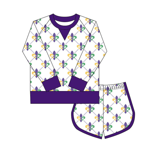 9.30 GLS0019 Pre order No Moq Yoga fabric Baby Girls Mardigras Anchors Checked Shirts Shorts Yoga Clothes Sets