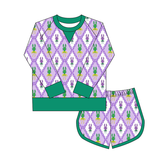 9.30 GLS0020 Pre order No Moq Yoga fabric Baby Girls Mardigras Crayfishes Checked Shirts Shorts Yoga Clothes Sets