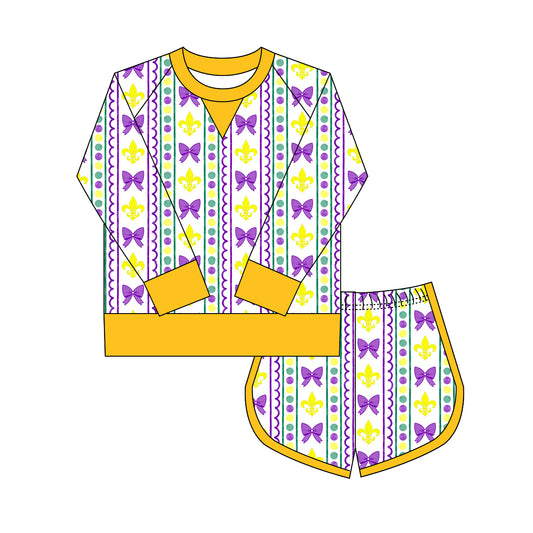 9.30 GLS0021 Pre order No Moq Yoga fabric Baby Girls Mardigras Anchors Bows Stripe Shirts Shorts Yoga Clothes Sets