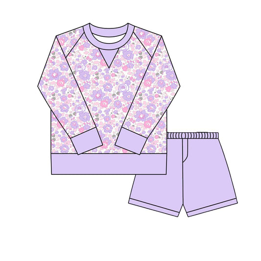 10.1 GLS0024 Pre order No Moq Yoga fabric Baby Girls Lavender Pink Floral Long Sleeve Top Shorts Yoga Clothes Sets