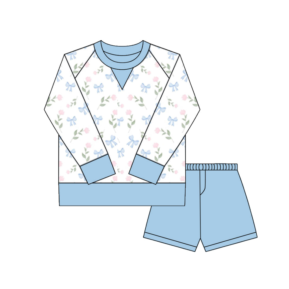 10.1 GLS0027 Pre order No Moq Yoga fabric Baby Girls Blue Pink Bows Flowers Long Sleeve Top Shorts Yoga Clothes Sets