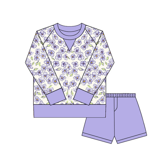 10.1 GLS0029 Pre order No Moq Yoga fabric Baby Girls Purple Flowers Long Sleeve Top Shorts Yoga Clothes Sets