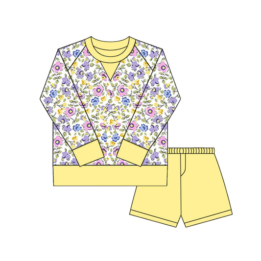 10.1 GLS0030 Pre order No Moq Yoga fabric Baby Girls Pink Yellow Floral Long Sleeve Top Shorts Yoga Clothes Sets