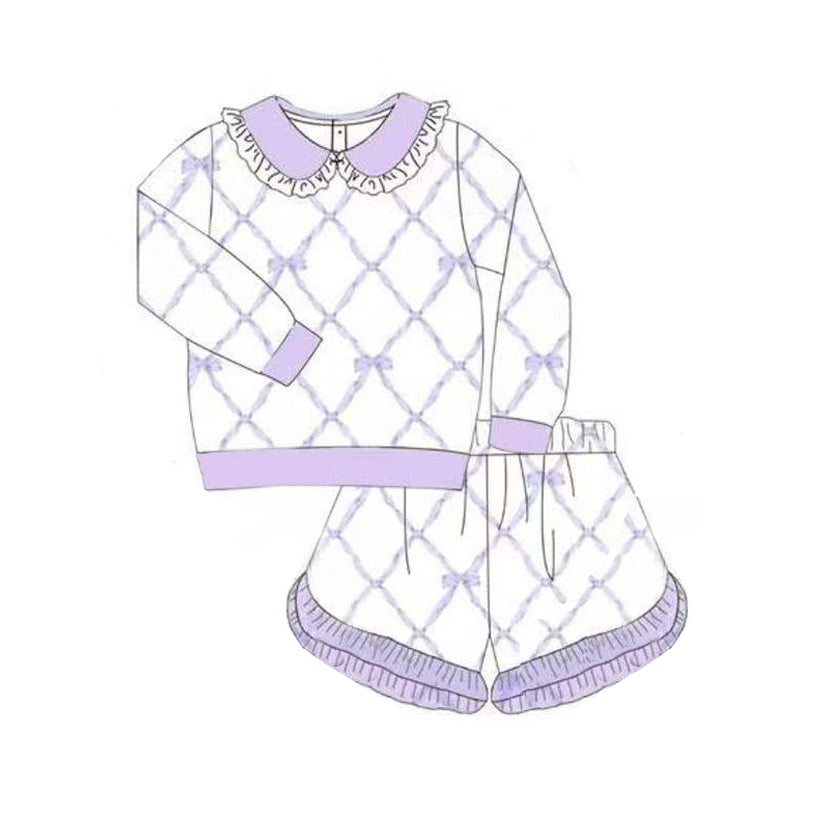 10.11 GLS0032 Pre order No Moq Baby Girls Lavender Bows Checked Long Sleeve Top Shorts Clothes Sets