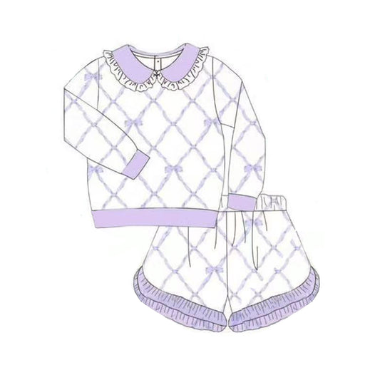 10.11 GLS0032 Pre order No Moq Baby Girls Lavender Bows Checked Long Sleeve Top Shorts Clothes Sets