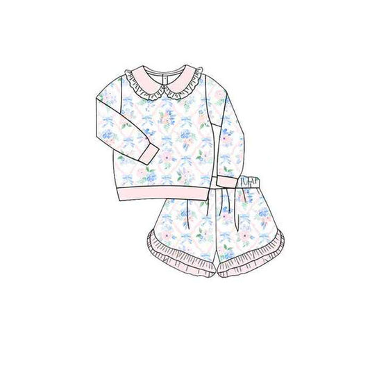 10.14 GLS0036 Pre order No Moq Baby Girls Long Sleeve Flowers Checked Top Ruffle Shorts Clothes Sets