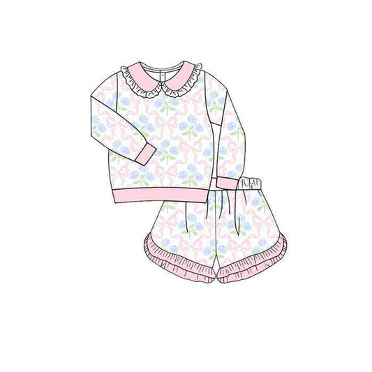 10.14 GLS0037 Pre order No Moq Baby Girls Long Sleeve Bows Flowers Checked Top Ruffle Shorts Clothes Sets