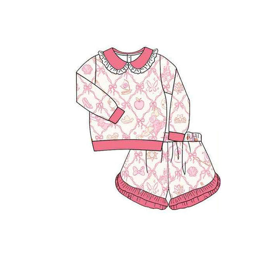 10.14 GLS0038 Pre order No Moq Baby Girls Long Sleeve Bows Shell Checked Top Ruffle Shorts Clothes Sets