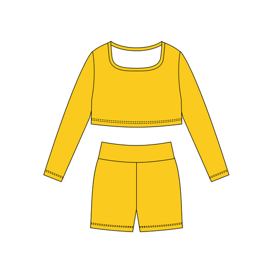 10.29 GLS0041 Pre order No Moq Yoga fabric Baby Girls Yellow Long Sleeve Shirts Top Shorts Yoga Clothes Sets