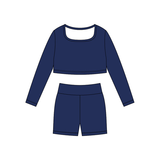 10.29 GLS0042 Pre order No Moq Yoga fabric Baby Girls Navy Long Sleeve Shirts Top Shorts Yoga Clothes Sets