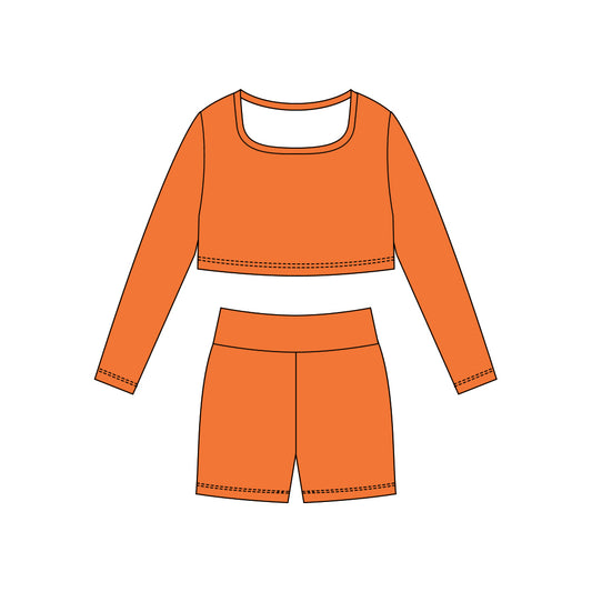 10.29 GLS0043 Pre order No Moq Yoga fabric Baby Girls Orange Long Sleeve Shirts Top Shorts Yoga Clothes Sets