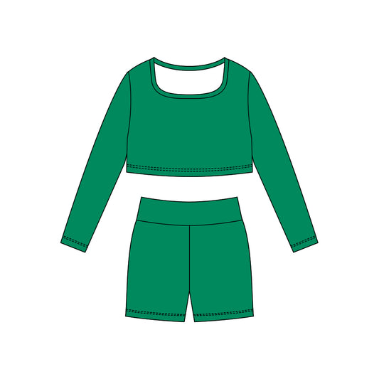 10.29 GLS0044 Pre order No Moq Yoga fabric Baby Girls Green Long Sleeve Shirts Top Shorts Yoga Clothes Sets