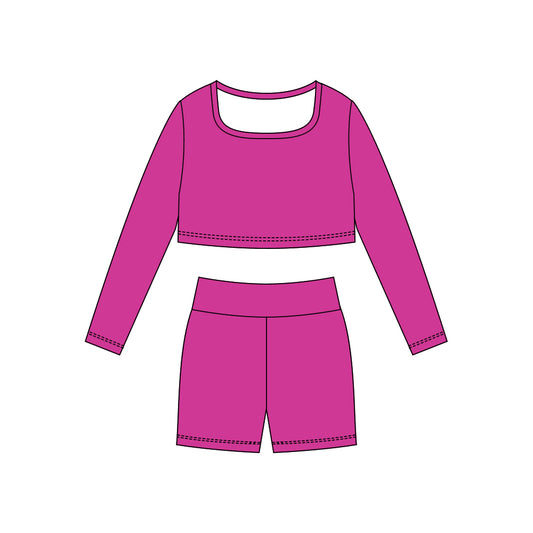 10.29 GLS0047 Pre order No Moq Yoga fabric Baby Girls Hot Pink Long Sleeve Shirts Top Shorts Yoga Clothes Sets