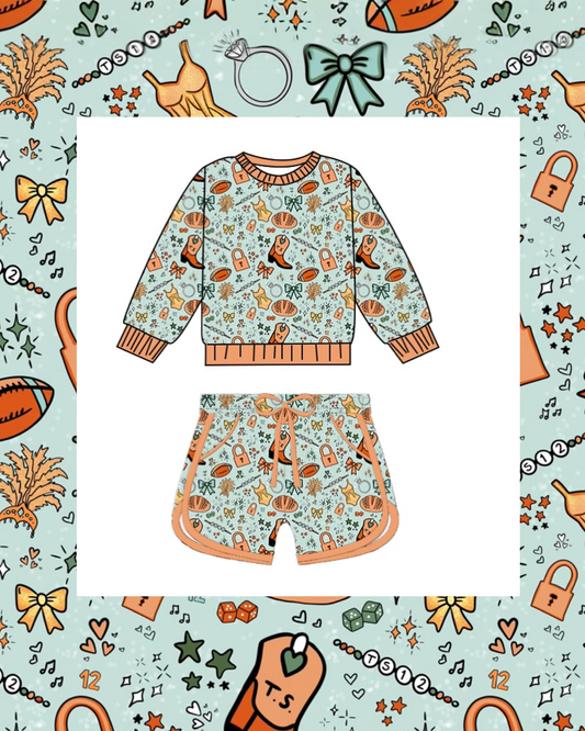 10.28 GLS0049 Pre order No Moq Baby Girls Boots Footballs Long Sleeve Top Pockets Shorts Team Clothes Sets