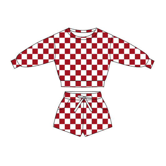 10.31 GLS0052 Pre order No Moq Baby Girls Long Sleeve Red Checked Top Pockets Short Clothes Sets