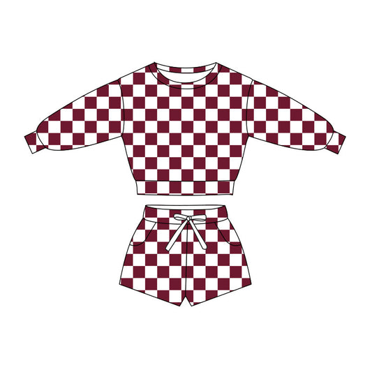 10.31 GLS0053 Pre order No Moq Baby Girls Long Sleeve Dark Red Checked Top Pockets Short Clothes Sets