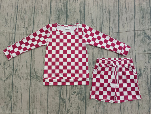 12.5 GLS0053 Smple No Moq Baby Girls Long Sleeve Dark Red Checked Top Pockets Short Clothes Sets
