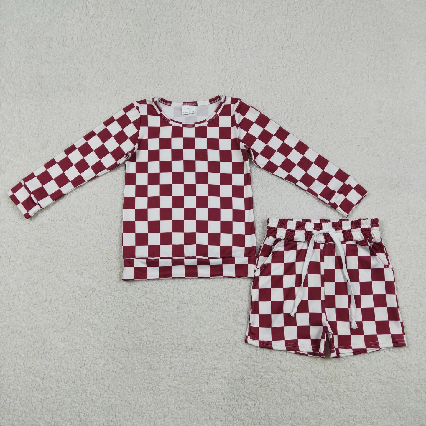 12.29 RTS NO MOQ （In stock）GLS0053 Baby Girls Long Sleeve Dark Red Checked Top Pockets Short Clothes Sets