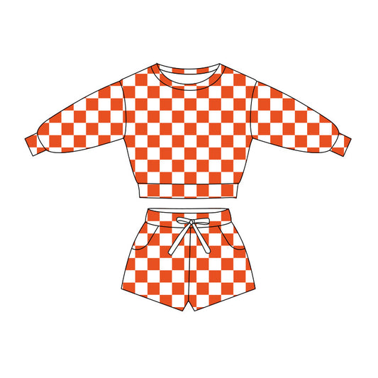 10.31 GLS0056 Pre order No Moq Baby Girls Long Sleeve Orange Checked Top Pockets Short Clothes Sets
