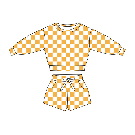 10.31 GLS0057 Pre order No Moq Baby Girls Long Sleeve Yellow Checked Top Pockets Short Clothes Sets