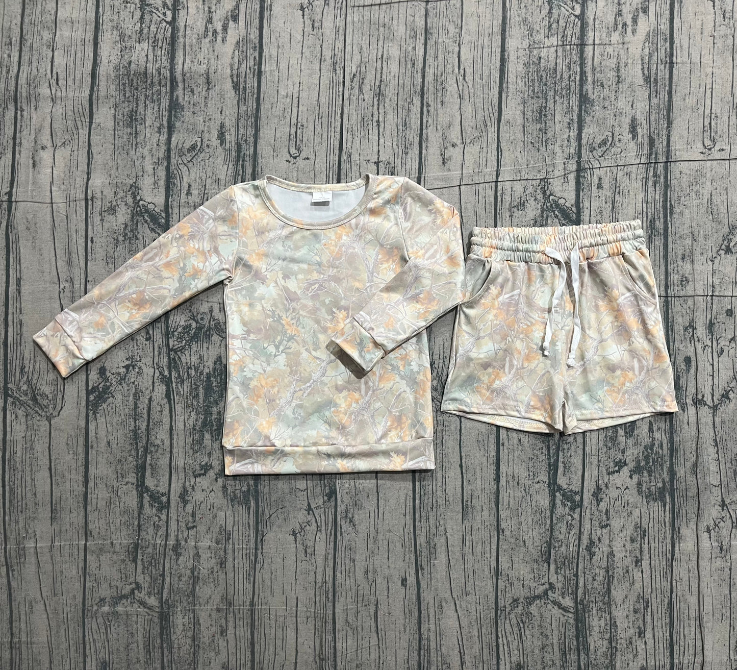 1.8 GLS0058 Smple No Moq Baby Girls Leaves Camo Long Sleeve Top Pockets Shorts Southern Clothes Sets