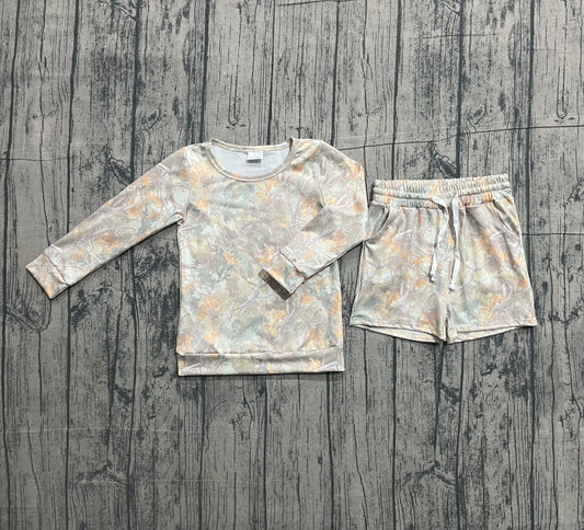 1.8 GLS0058 Smple No Moq Baby Girls Leaves Camo Long Sleeve Top Pockets Shorts Southern Clothes Sets