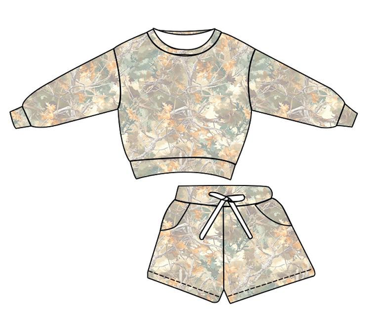 11.1 GLS0058 Pre order No Moq Baby Girls Leaves Camo Long Sleeve Top Pockets Shorts Southern Clothes Sets