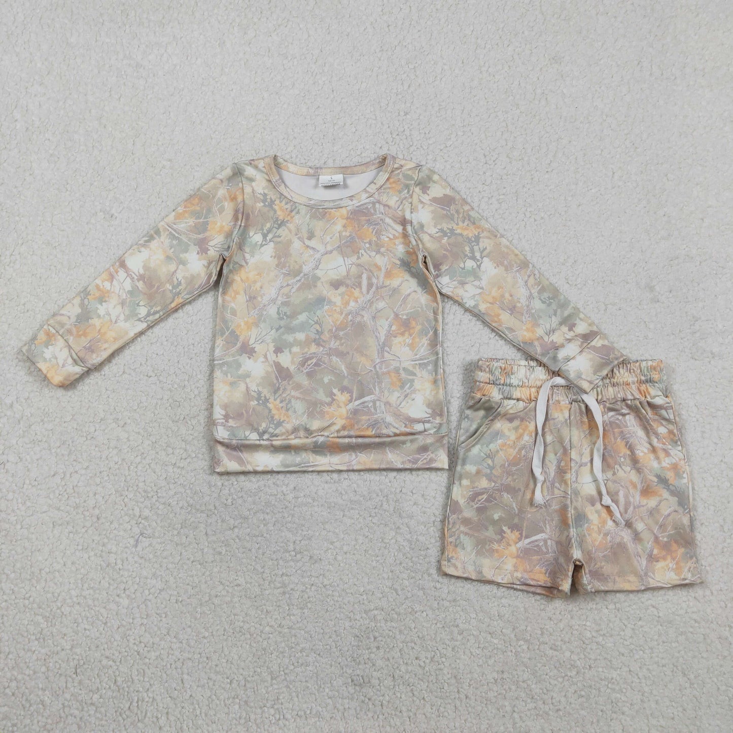 1.24 RTS NO MOQ （In stock）GLS0058 Baby Girls Southern Leaves Camo Long Sleeve Top Pockets Shorts Clothes Sets