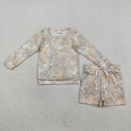 1.24 RTS NO MOQ （In stock）GLS0058 Baby Girls Southern Leaves Camo Long Sleeve Top Pockets Shorts Clothes Sets