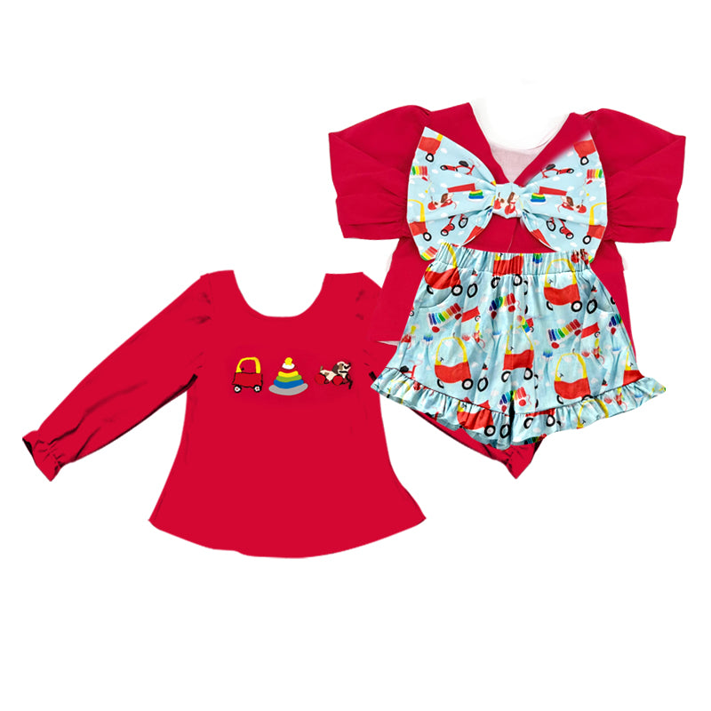 11.4 GLS0059 Pre order No Moq Baby Girls Red Long Sleeve Dogs Trucks Tunic Back Bows Ruffle Shorts Clothes Sets