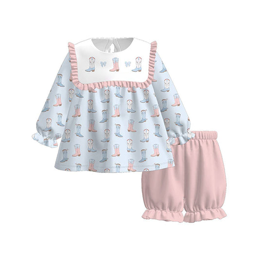 11.5 GLS0060 Pre order No Moq Baby Girls Blue Bows Boots Tunic Ruffle Shorts Western Clothes Sets