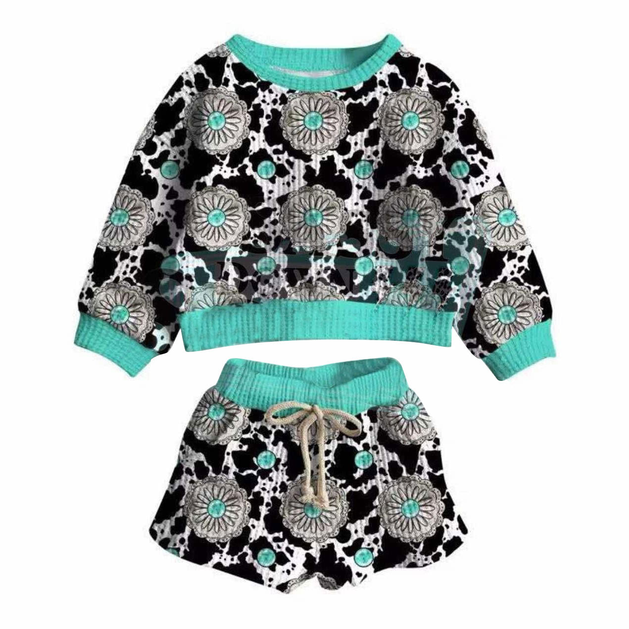 11.21 GLS0064 Pre order No Moq Baby Girls Cow Print Turquoises Top Pockets Shorts Western Clothes Sets