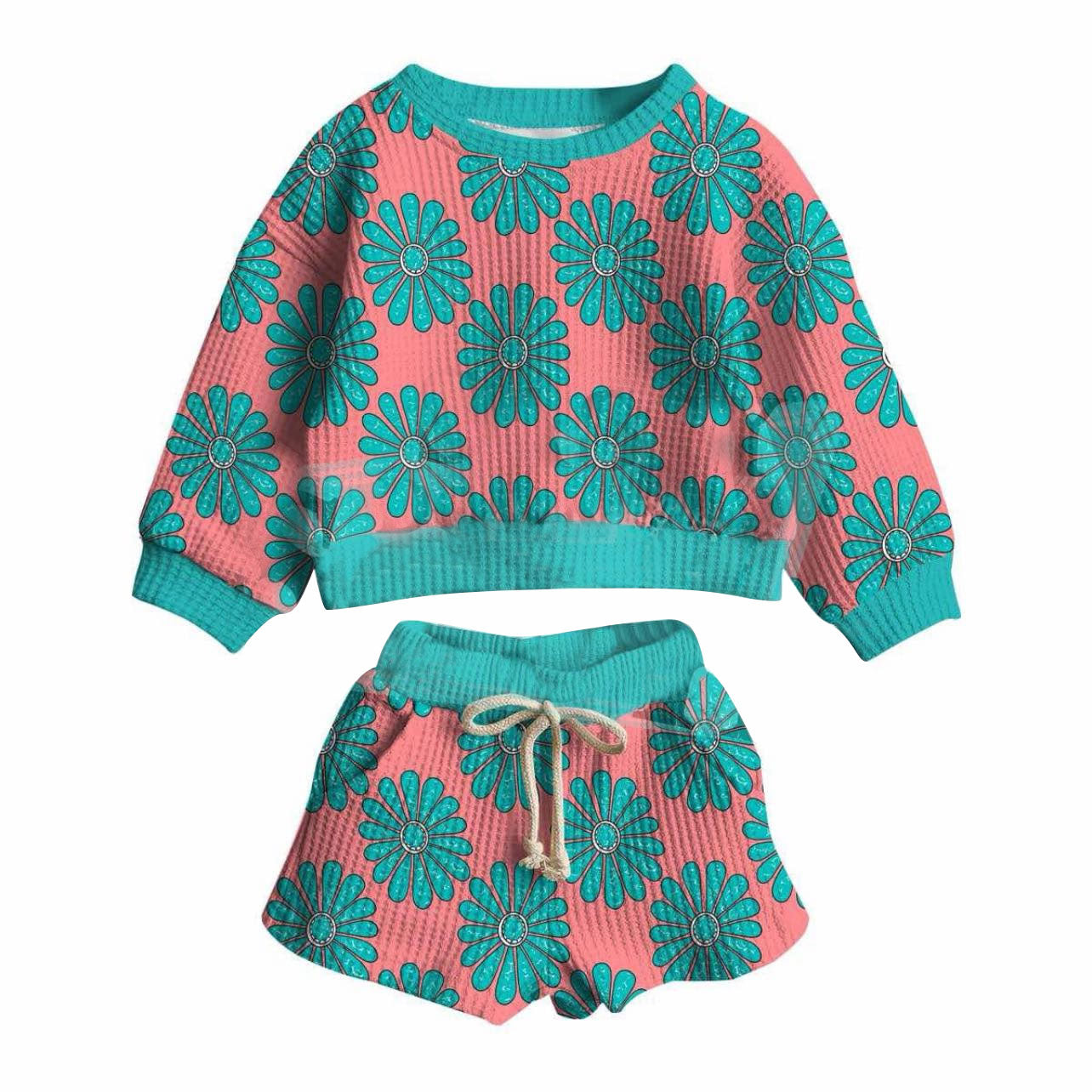 11.21 GLS0065 Pre order No Moq Baby Girls Turquoises Top Pockets Shorts Western Clothes Sets