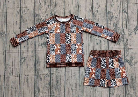 1.15 GLS0079 Smple No Moq Baby Girls leopard Cow Print Checked Top Shorts Western Clothes Sets