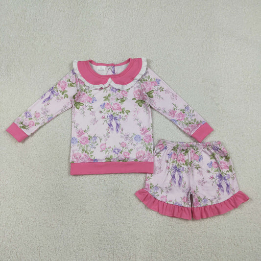 1.20 RTS NO MOQ （In stock）GLS0082 Baby Girls Pink Flowers Collar Top Ruffle Shorts Clothes Sets