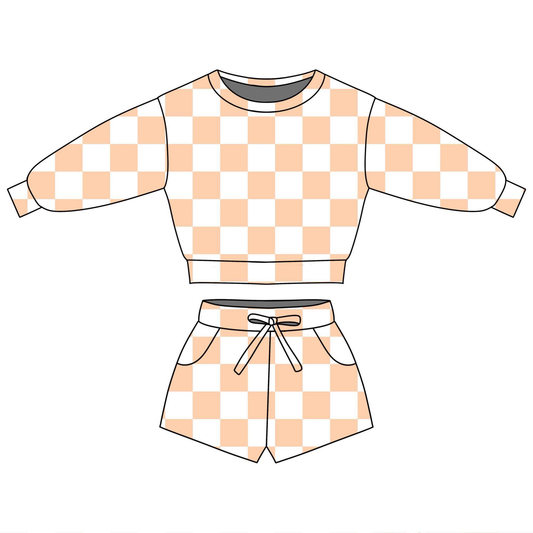1.6 GLS0083 Pre order No Moq Baby Girls Peach Checked Long Sleeve Top Pockets Shorts Clothes Sets