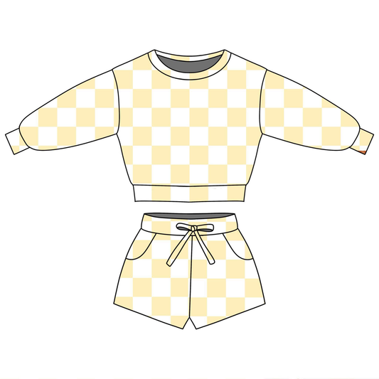 1.6 GLS0084 Pre order No Moq Baby Girls Yellow Checked Long Sleeve Top Pockets Shorts Clothes Sets