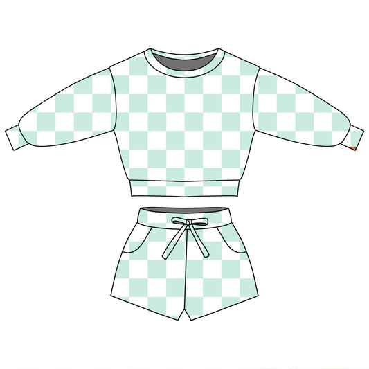 1.6 GLS0085 Pre order No Moq Baby Girls Green Checked Long Sleeve Top Pockets Shorts Clothes Sets