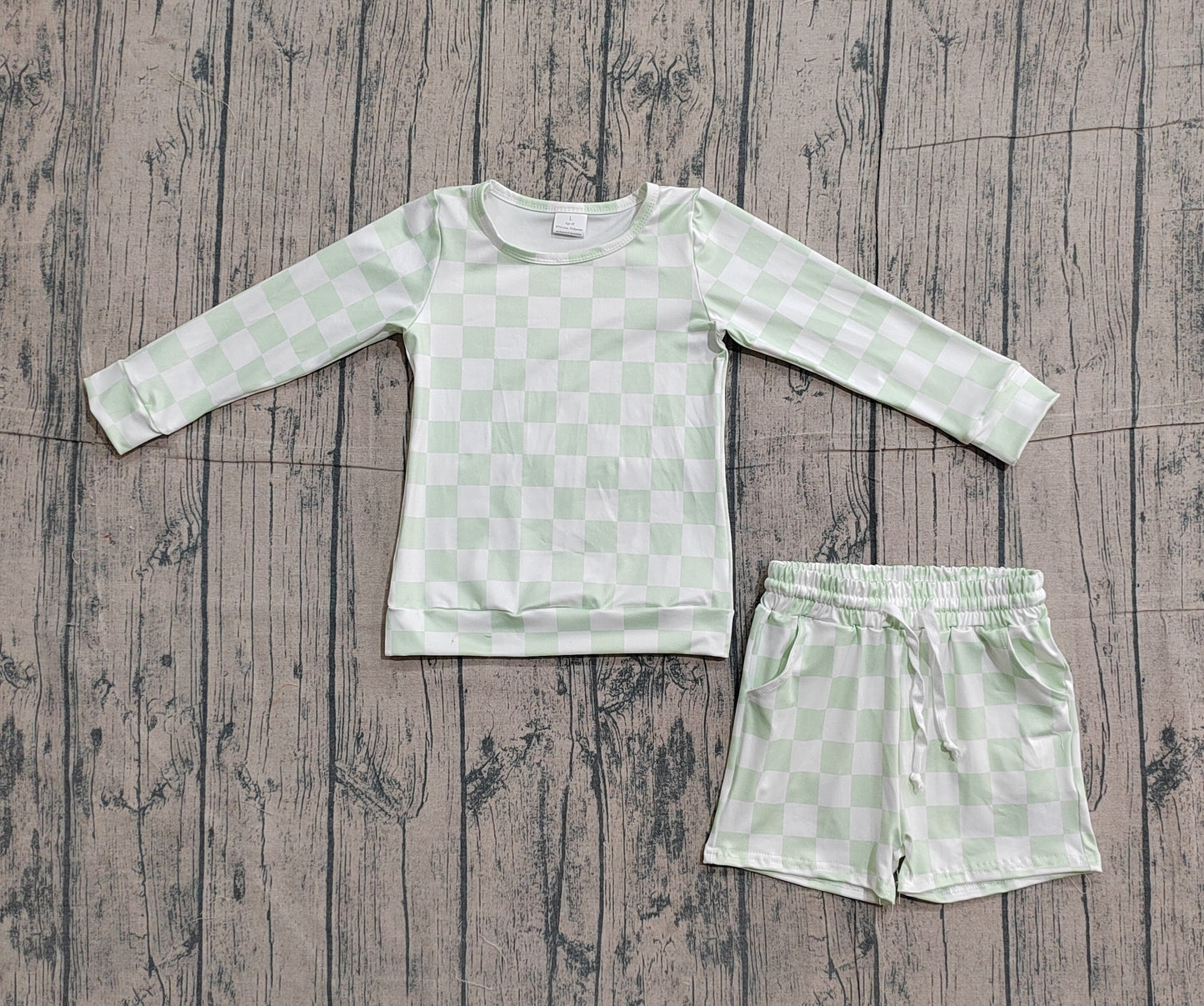 1.23 GLS0086 Sample No Moq Baby Girls Light Green Checked Long Sleeve Top Pockets Shorts Clothes Sets