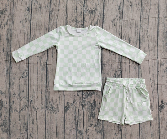 1.23 GLS0086 Sample No Moq Baby Girls Light Green Checked Long Sleeve Top Pockets Shorts Clothes Sets