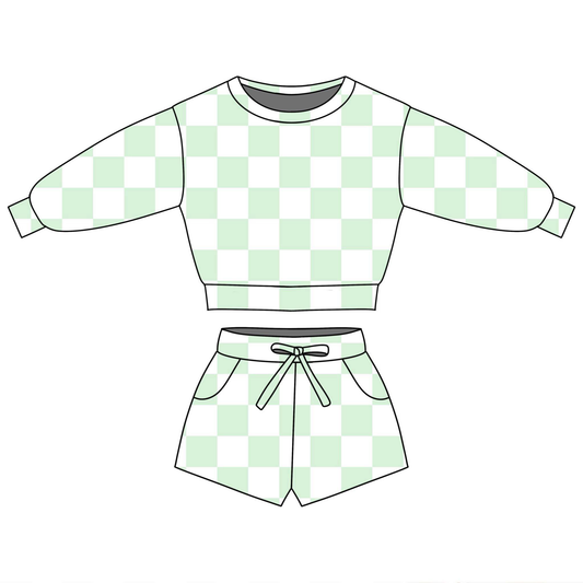 1.6 GLS0086 Pre order No Moq Baby Girls Light Green Checked Long Sleeve Top Pockets Shorts Clothes Sets