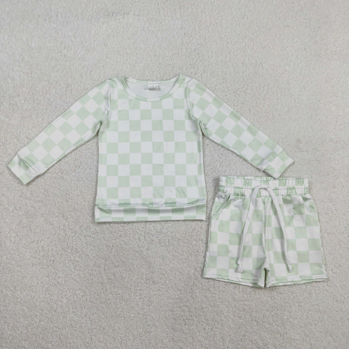 2.6 RTS NO MOQ （In stock）GLS0086 Baby Girls Light Green Checked Long Sleeve Top Pockets Shorts Clothes Sets
