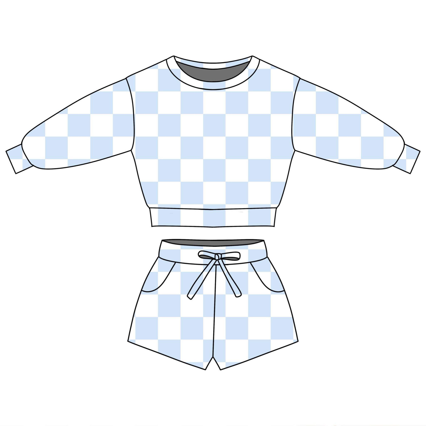 1.6 GLS0087 Pre order No Moq Baby Girls Blue Checked Long Sleeve Top Pockets Shorts Clothes Sets