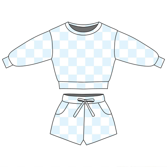 1.6 GLS0088 Pre order No Moq Baby Girls Light Blue Checked Long Sleeve Top Pockets Shorts Clothes Sets