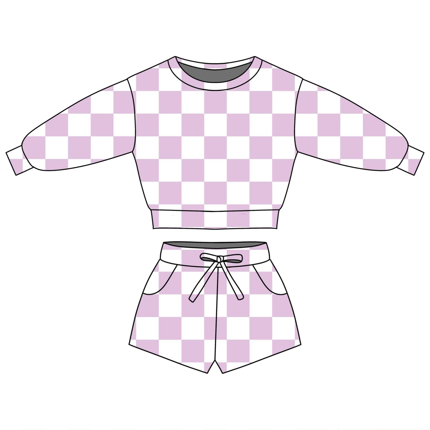 1.6 GLS0089 Pre order No Moq Baby Girls Purple Checked Long Sleeve Top Pockets Shorts Clothes Sets